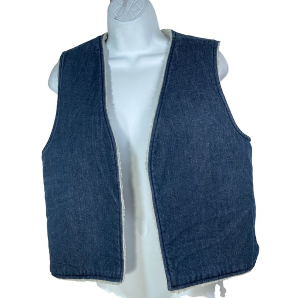 VTG Wrangler Denim Sherpa Lined Vest Blue Cotton Made in USA L cowboy‎ western
